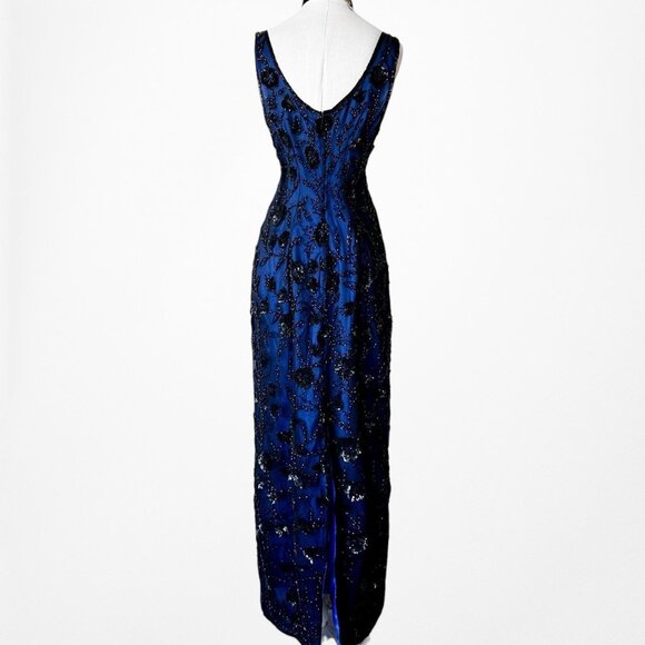 Vintage Y2K Blue Floral Beaded Silk Bodycon Maxi Formal Prom Dress Size L/XL - Picture 5 of 8